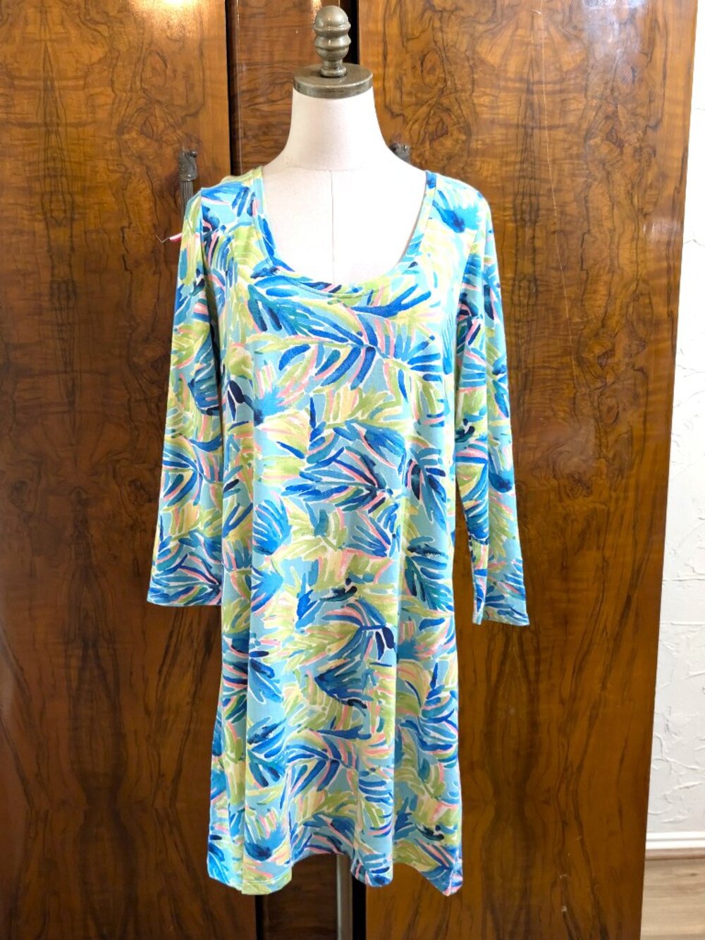 Lilly Pulitzer Devon Knit Dress L BRIGHT SERENTIY NOW Tropical Palm Print